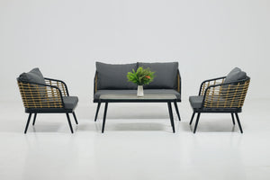 4 Pieces Patio Furniture Set, PE Rattan Wicker With Washable Cushion And Tempered Glass Tabletop, Conversation Furniture For Garden Poolside Balcony