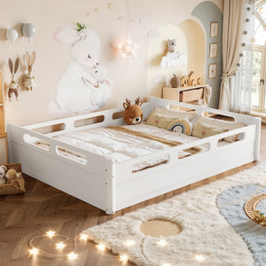 Queen Size Floor Platform Bed with Guardrails