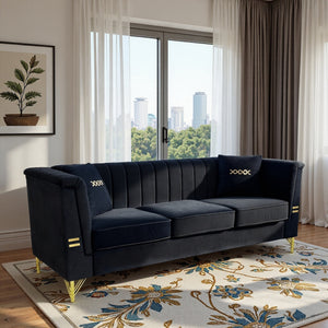 FX-P82-BK2 Modern Velvet 3-Seater Sofa with 2 Pillows