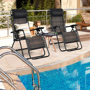 2 Pieces Folding Patio Rattan Zero Gravity Lounge Chair-Brown