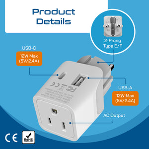 Europe (Schuko) Travel Adapter - Type E/F - Dual USB (CTU-9)
