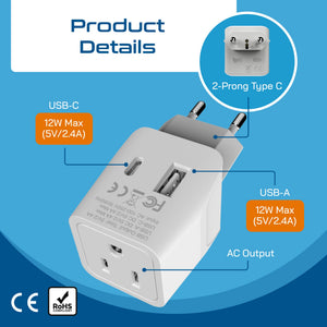 European Travel Adapter - Type C - Dual USB (CTU-9C)