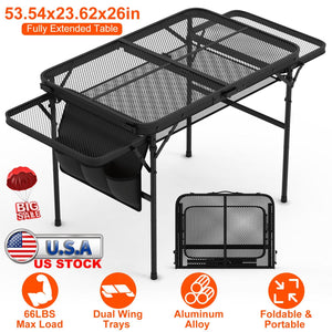Foldable Camping Table Collapsible Picnic Aluminum Alloy Grill Stand BBQ Table with 66LBS Max Load Adjustable Height 2 Side Wing Trays Storage Net