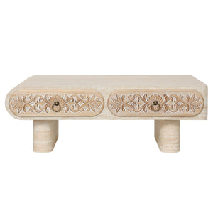 Rounded Edge Coffee Table with Flower Pattern Solid Wood Drawer