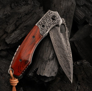 Starchaser Damascus Pocket Knife – Exotic Sandalwood Handle