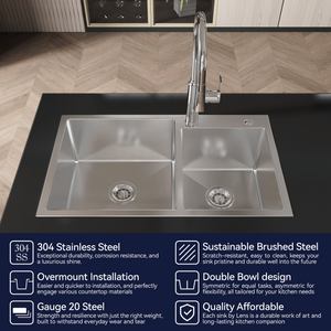Stainless Steel Kitchen Sink, 32"x19" Double Bowl in Brushed Nickel