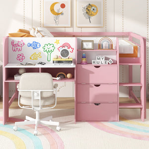 Low Loft Bed With Built In Desk, Storage Cabinets, Open Bookcase And Doodle board