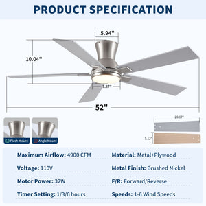 Low Profile Flush Mount Intergrated LED Ceiling Fan With Light And Reversible Quiet Motor