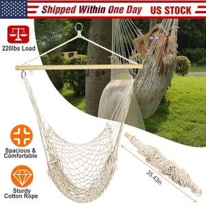 Hammock Chair Hanging Rope Seat Swing w/ Wooden Stick 220lbs Load for Patio Yard Porch Outdoor Bedroom Indoor