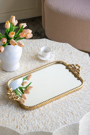 Ornate Gold Accent Tray with Mirrored Surface
