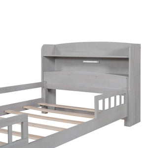 Wood Platform Bed With Built In LED Light, Storage Headboard And Guardrail