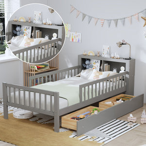 Bed With Headboard Storage Rack, 2 Under Bed Drawers, 3 Side Guardrails For Safety