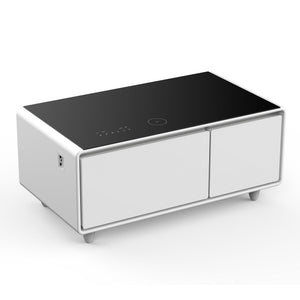 Modern Smart Coffee Table With Built-In Fridge - tooth Speaker, Wireless Charging, Touch Control Panel, USB Interface, Outlet Protection, Atmosphere Light