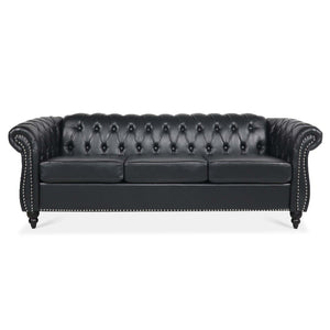 84.65" Black PU Rolled Arm Chesterfield Three Seater Sofa