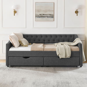 Upholstered Tufted Daybed With 2 Drawers, Waved Arms