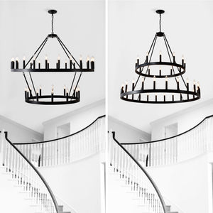 2 Tiers Wagon Wheel Chandelier Wooden Farmhouse 36 Light (24 / 12) Or (12 / 24) Metal Chandeliers 2 Story Light Fixtures Industrial For High Ceiling Living Dining Room Foyer, Adjustable Height - Black