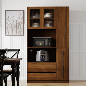 Tall Kitchen Pantry Cabinet With 4 Tier Side Shelf, 2 Drawers, Freestanding Food Hutch With Microwave Stand For Dining Room - Walnut