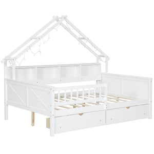 House Style Platform Bed With LED Lights, Storage Shelves, Drawers, And Guardrail