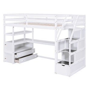 Loft Bed With Desk, Shelves, 2 Drawers, Storage Staircase