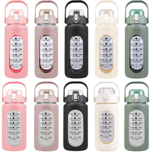 34Oz Glass Water Bottle Sports Water Bottle Motivational Water Bottle Water Intake Tracker Bottle with Straw Time Marker Silicone Sleeve Handle for Gy