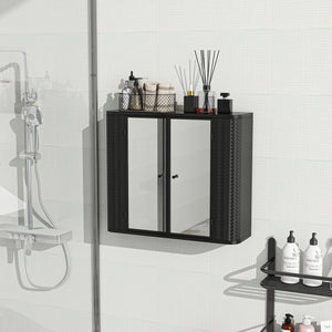 Black Wall-Mounted Bathroom Cabinet with Mirror, 2 Mirrored Doors & Open Shelf