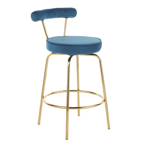 Rhonda Glam Counter Stool in Gold Metal and Blue Velvet - Set of 2