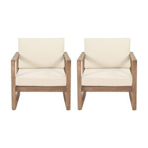 Set of 2 Outdoor Acacia Wood Patio Club Chairs with Beige Cushions