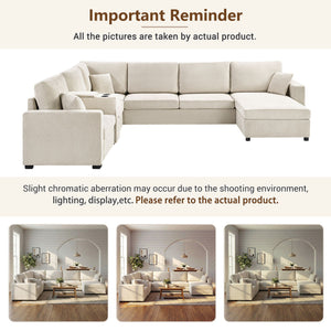 Modular 5 Seat U-Shape Sectional Sofa With Chaise Lounge, Built In Cup Holders And Storage Drawer
