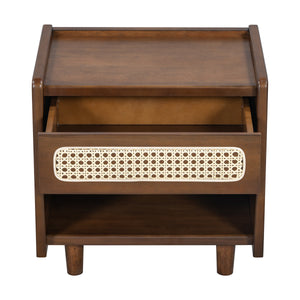 Walnut Nightstand with Rattan Detail, MDF + Solid Wood