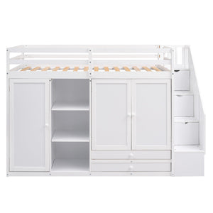 Loft Bed With 3 Shelves, 2 Wardrobes, 2 Drawers, Ladder Storage