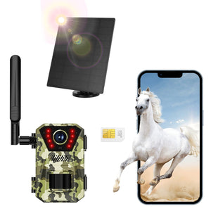 4G 4K 30FPS Solar Trail Camera Outdoor Wildlife Camera Motion Activated IP66 Waterproof with 140¼Viewing Angle No Glow Night Vision SIM Card APP Contr