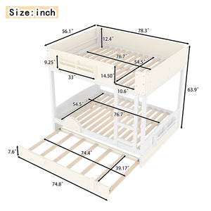 Full Bunk Bed with Trundle, Wood Bunk Bed Frame with Bookshelf