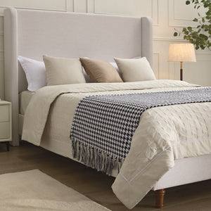 Hayden King Size Upholstered Wingback Bed with Textured Ivory Canvas and Tall 54' Headboard