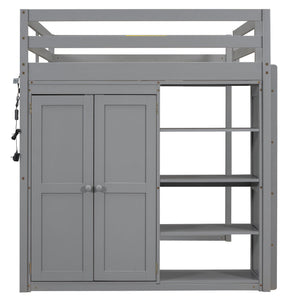 Loft Bed With Built In Wardrobe, Storage Shelves, And LED Light