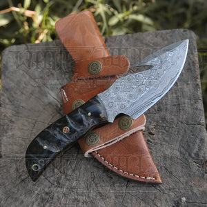 10” Custom Hand Forged Damascus Steel Full Tang Skinner Knife with Gut Hook - Ram Horn Handle