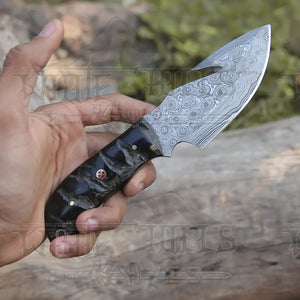 10” Custom Hand Forged Damascus Steel Full Tang Skinner Knife with Gut Hook - Ram Horn Handle