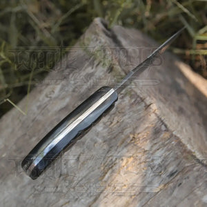 10” Custom Hand Forged Damascus Steel Full Tang Skinner Knife with Gut Hook - Ram Horn Handle