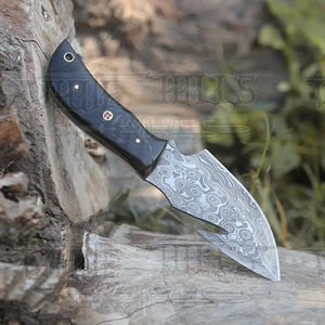 10” Custom Hand Forged Damascus Steel Full Tang Skinner Knife with Gut Hook - Ram Horn Handle