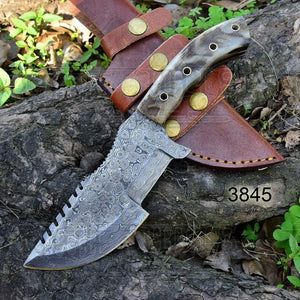 10”Custom Hand Made Forged Damascus Steel Tracker Hunting Camping Knife With Ram Horn Handle WH 3845