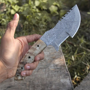 10”Custom Hand Made Forged Damascus Steel Tracker Hunting Camping Knife With Ram Horn Handle WH 3845