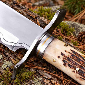 Hand Forged 1095/15N20 Damascus Bowie Knife with Bone Handle and Leather Sheath