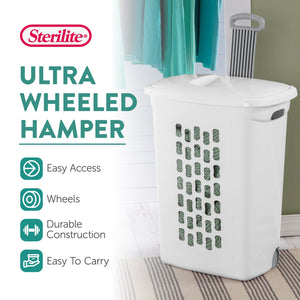 Sterilite White Laundry Hamper With Lift-Top, Wheels, And Pull Handle, 6 Pack