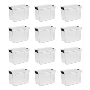 Sterilite 30 Qt Clear Plastic Stackable Storage Bin w/White Latch Lid, (12 Pack)