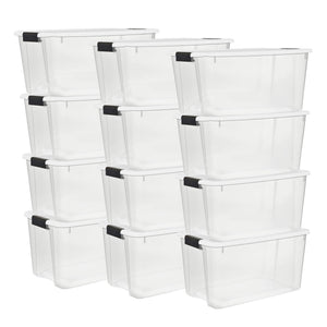 Sterilite 70 Qt Clear Plastic Stackable Storage Bin w/ White Latch Lid, 12 Pack