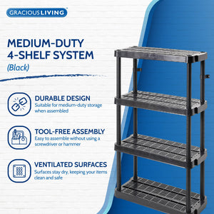 Gracious Living 4 Shelf Adjustable Height Ventilated Medium Duty Storage, Black