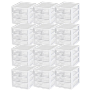 Sterilite ClearView Plastic Small 3 Drawer Desktop Storage Unit, White, 12 Pack