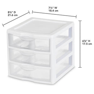 Sterilite ClearView Plastic Small 3 Drawer Desktop Storage Unit, White, 12 Pack