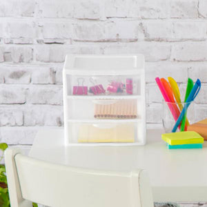Sterilite ClearView Plastic Small 3 Drawer Desktop Storage Unit, White, 12 Pack