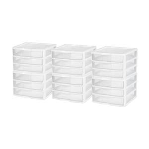 Sterilite Clear Plastic Stackable Small 3 Drawer Storage System, White, (6 Pack)