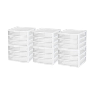 Sterilite Clear Plastic Stackable Small 3 Drawer Storage System, White, (6 Pack)